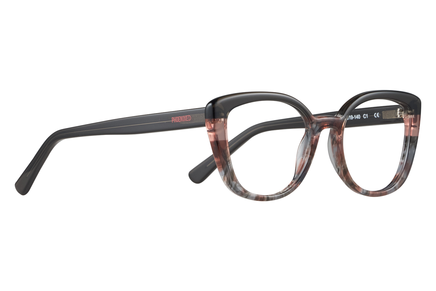 Close-up of fashion eyeglasses with a dark tortoiseshell frame and black temples on a light surface
