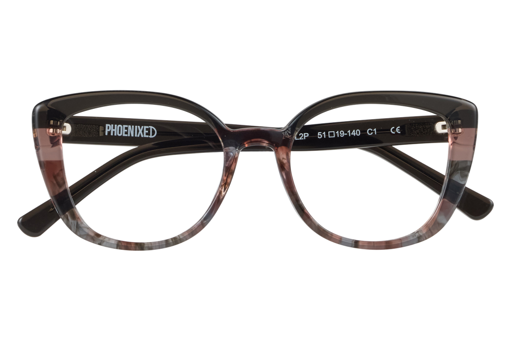 Brown tortoiseshell eyeglasses on a clear stand, with 'PHOENIXED' on the temple.