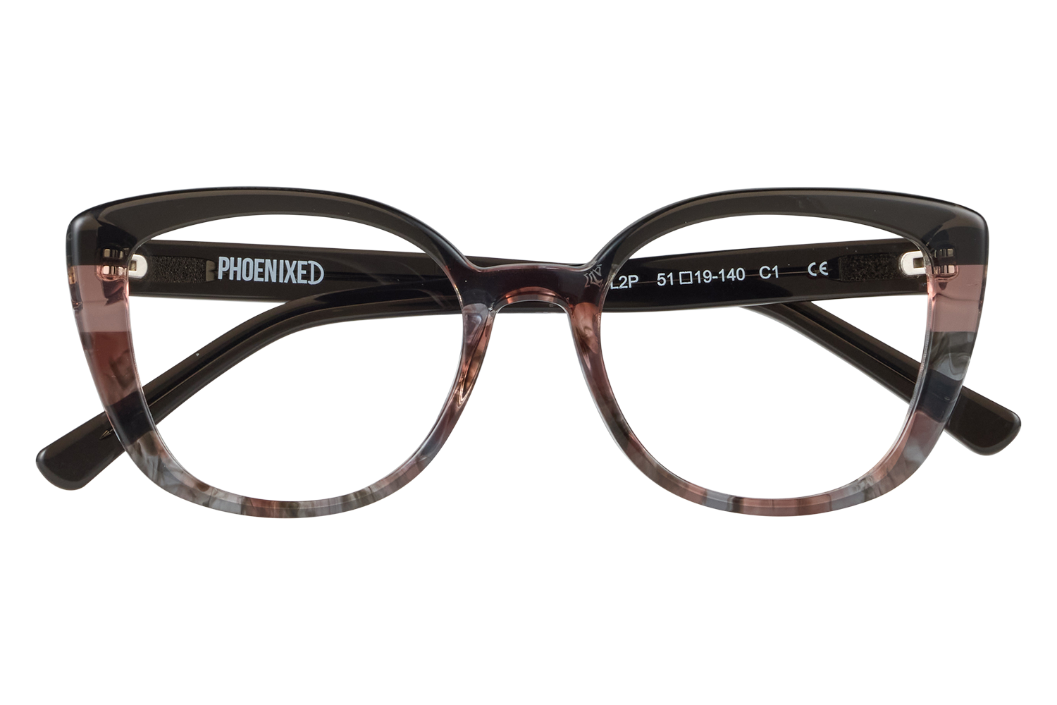 Brown tortoiseshell eyeglasses on a clear stand, with 'PHOENIXED' on the temple.