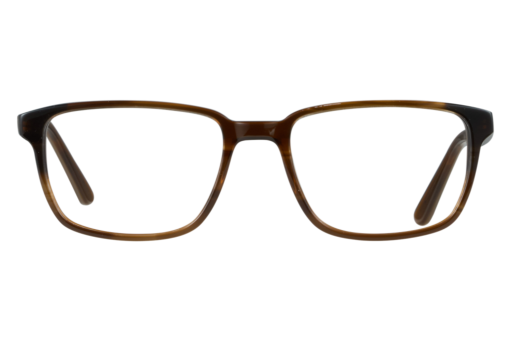 Brown tortoiseshell rectangular eyeglasses viewed head-on on a gray background