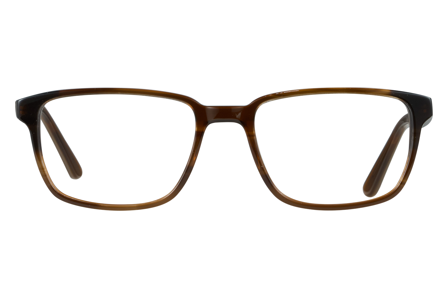 Brown tortoiseshell rectangular eyeglasses viewed head-on on a gray background