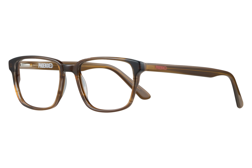 Brown tortoiseshell eyeglasses with clear lenses, front view, on a gray surface; 'PHOENIXED' branding visible on the temple.