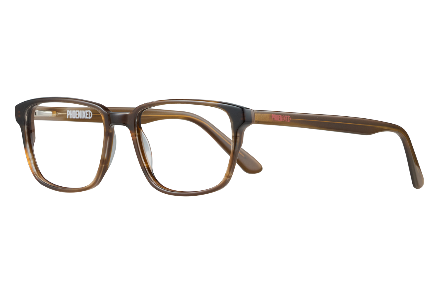 Brown tortoiseshell eyeglasses with clear lenses, front view, on a gray surface; 'PHOENIXED' branding visible on the temple.
