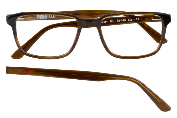 Brown plastic rectangular eyeglasses with 'PHOENIXED' branding on the temples, front view showing clear lenses