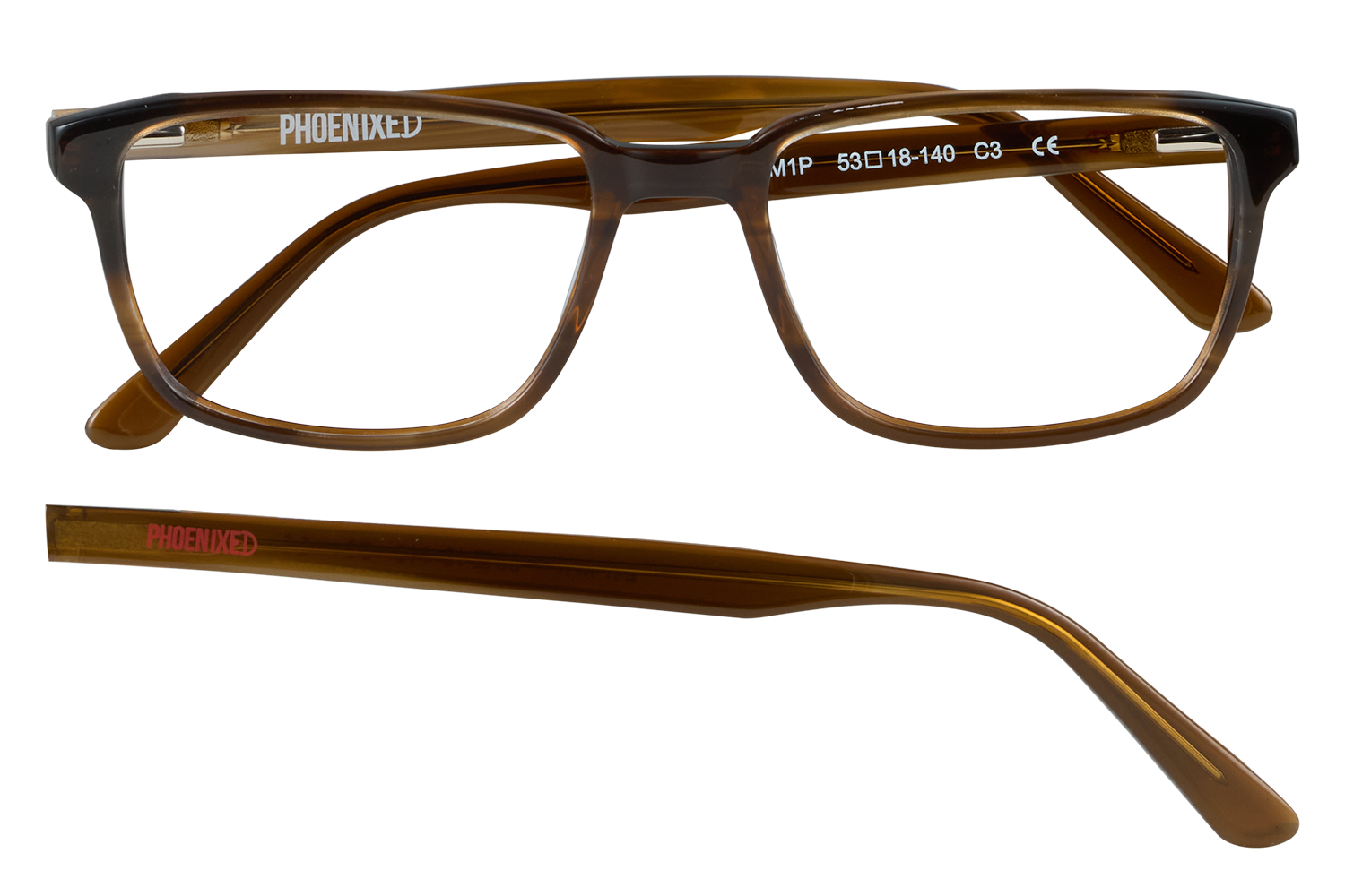 Brown plastic rectangular eyeglasses with 'PHOENIXED' branding on the temples, front view showing clear lenses