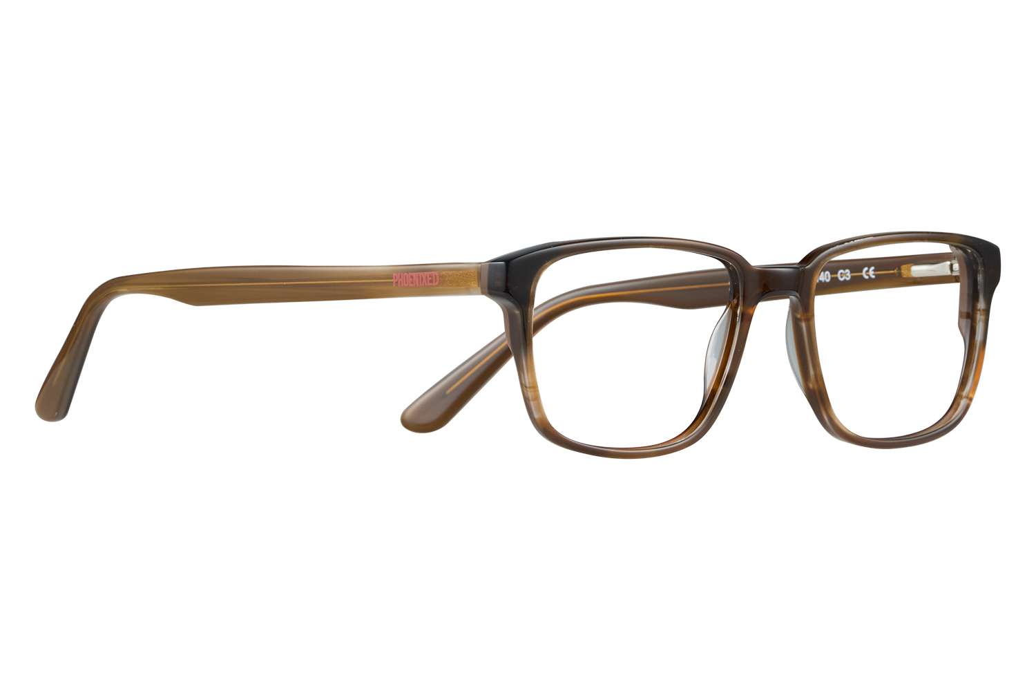 Brown tortoiseshell rectangular eyeglasses shown in a side view on a light surface, emphasizing the frames and temples.