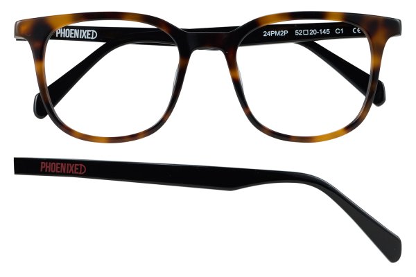 Tortoiseshell eyeglasses with black temples, front view showing the Phoenixed branding inside the arm.