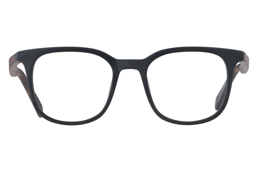 Black rectangular eyeglasses facing forward on a light surface, centered in the frame.