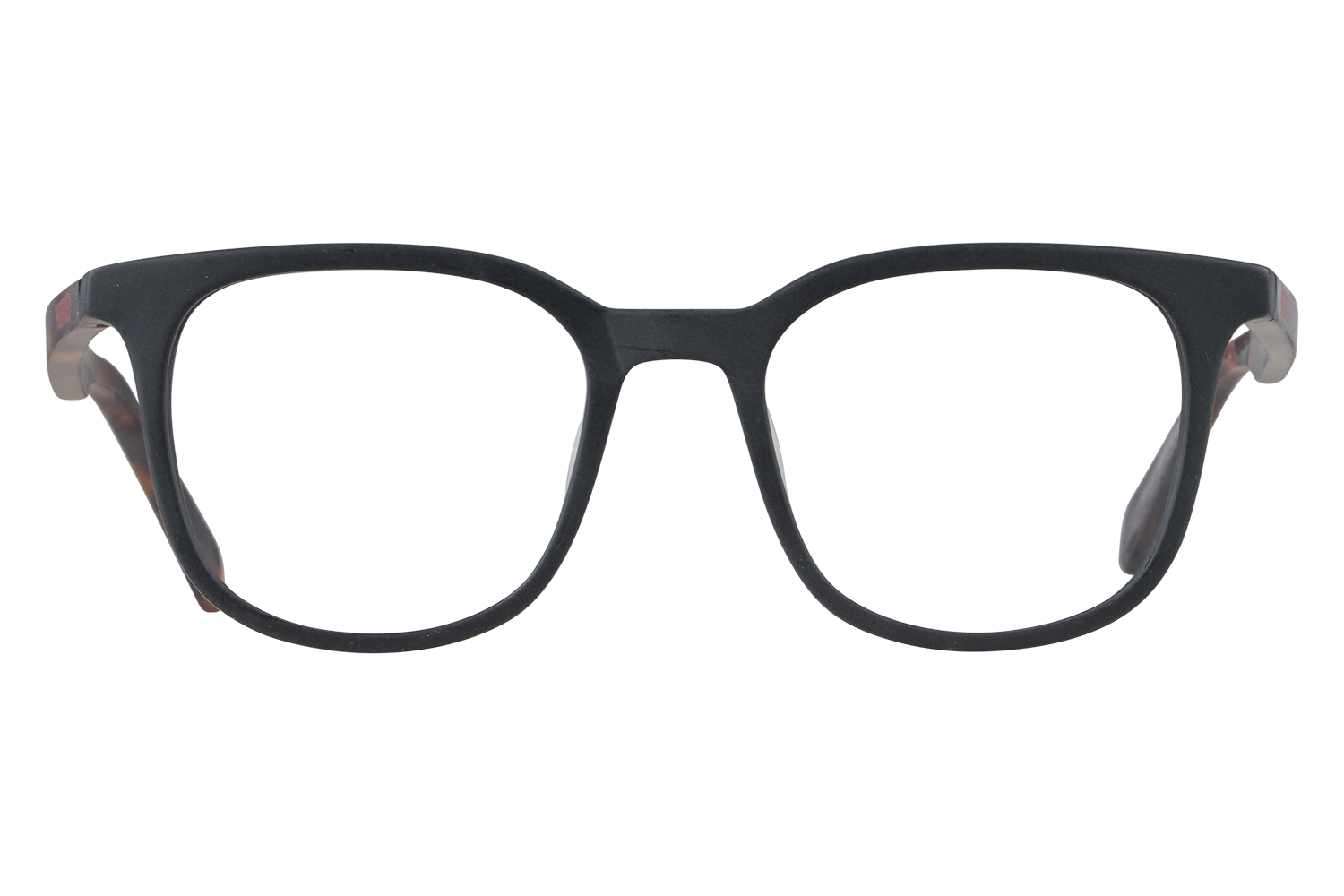 Black rectangular eyeglasses facing forward on a light surface, centered in the frame.