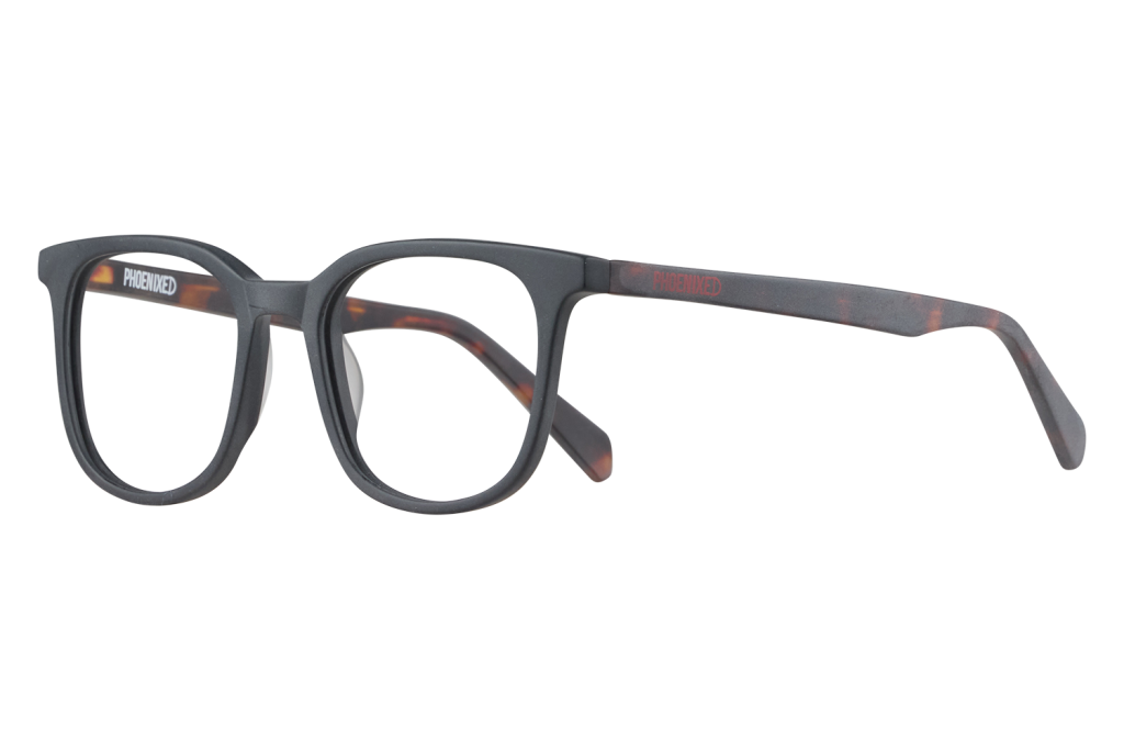 Rectangular dark gray eyeglasses with tortoiseshell temples and the brand 'PHOENIXED' on the arm.