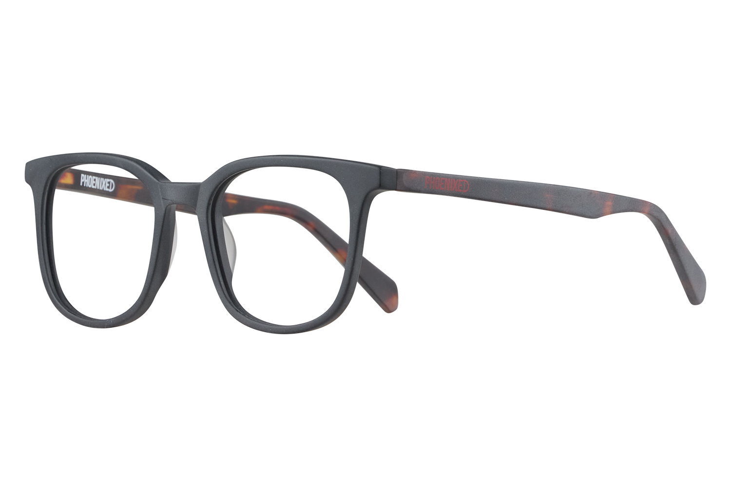 Rectangular dark gray eyeglasses with tortoiseshell temples and the brand 'PHOENIXED' on the arm.