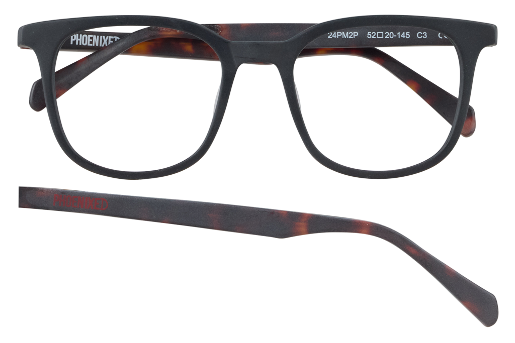 Black rectangular eyeglasses with matte finish and tortoiseshell temples, featuring a red 'PHOENIXED' logo on the inside arm.