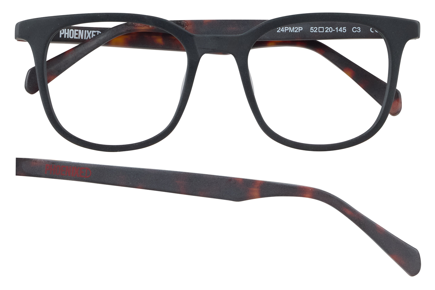 Black rectangular eyeglasses with matte finish and tortoiseshell temples, featuring a red 'PHOENIXED' logo on the inside arm.