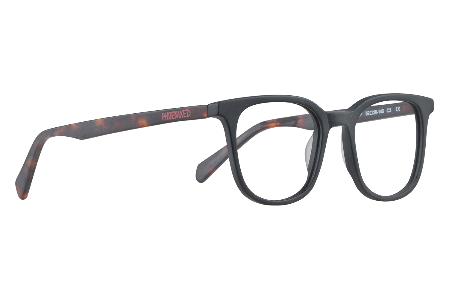 Side view of black plastic eyeglasses with tortoiseshell temples, brand Phoenixed visible on the arm