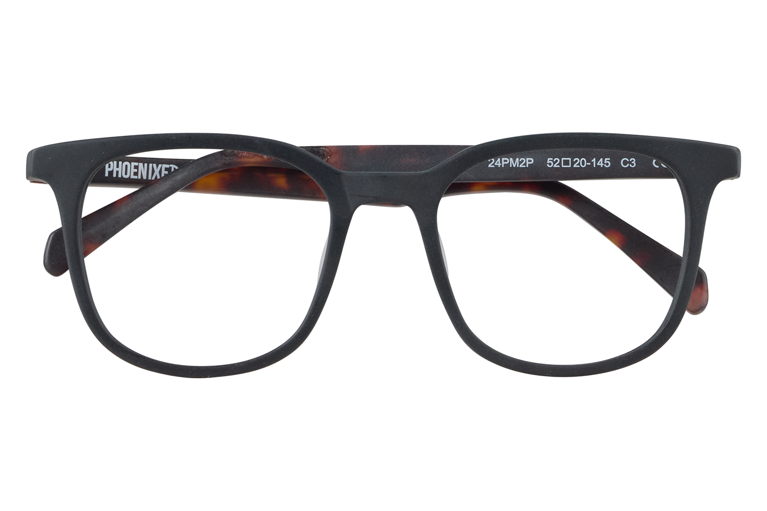Front view of black tortoiseshell eyeglasses resting on a clear pedestal, with brand text visible on the temple edge.