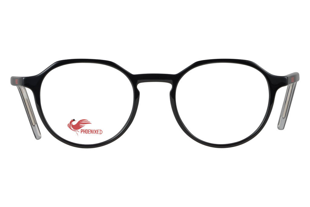 Black round eyeglasses with metal temples; left lens shows a red Phoenixed logo and text.