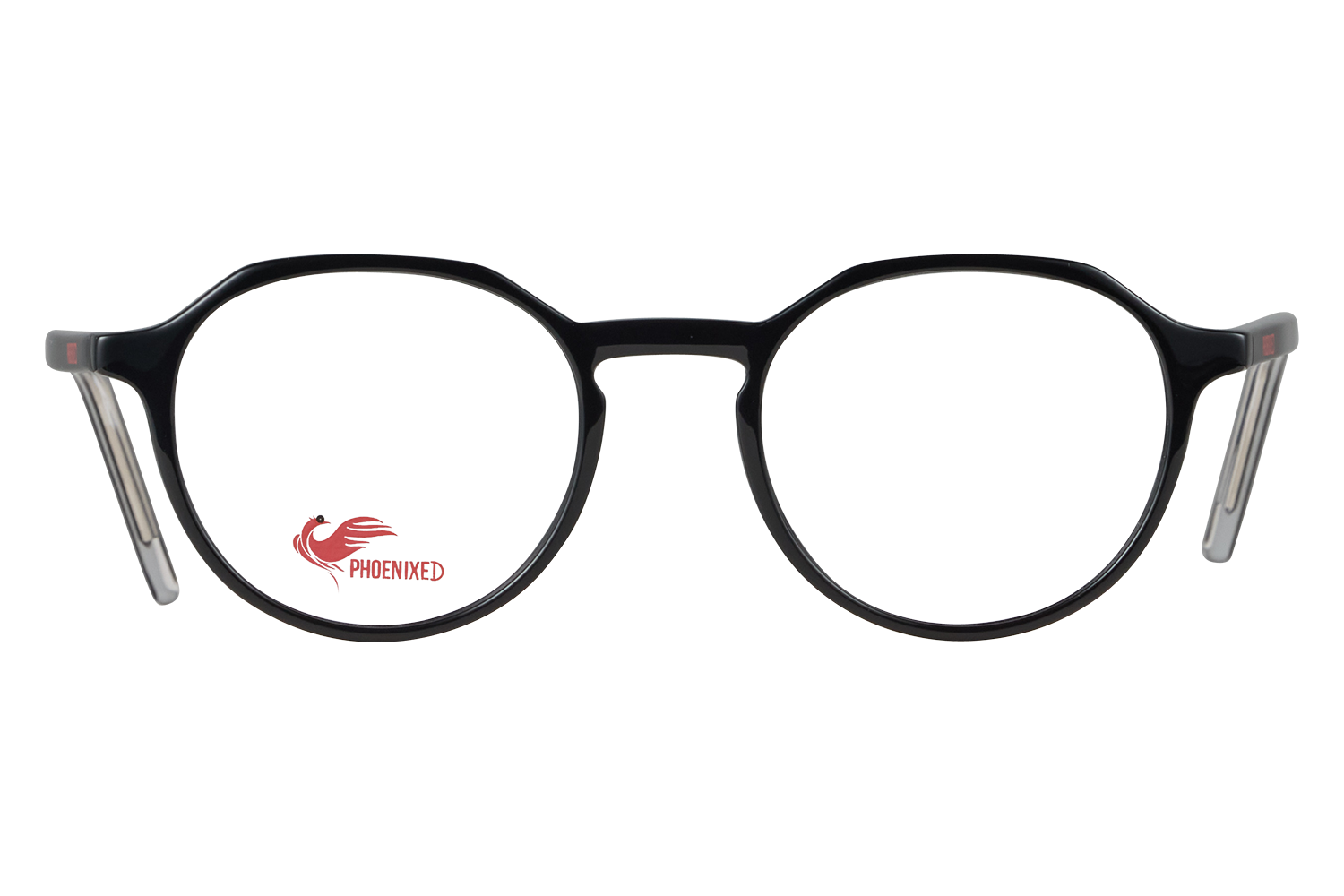 Black round eyeglasses with metal temples; left lens shows a red Phoenixed logo and text.