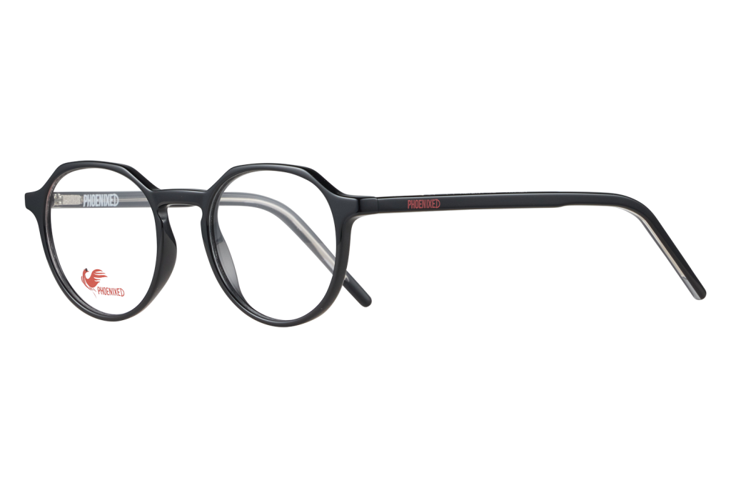 Black round-frame eyeglasses with the PHOENIXED brand on the temple and a red phoenix sticker on the lens, photographed on a neutral background