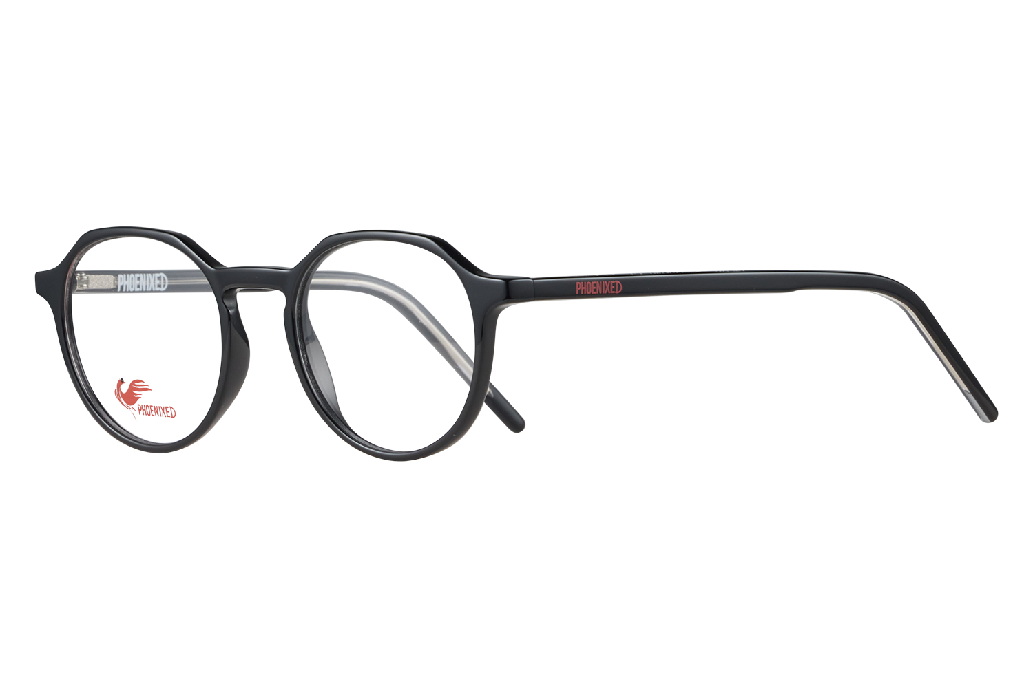 Black round-frame eyeglasses with the PHOENIXED brand on the temple and a red phoenix sticker on the lens, photographed on a neutral background