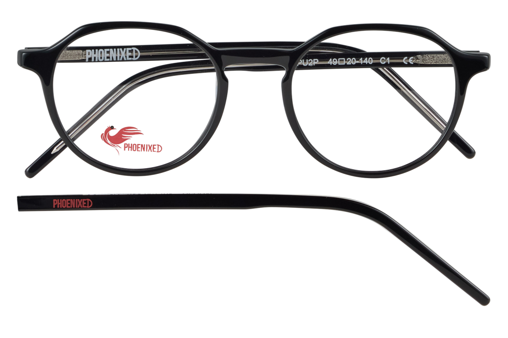 Black round eyeglasses with translucent temples; 'PHOENIXED' branding on the arms and a red phoenix logo on the left lens.