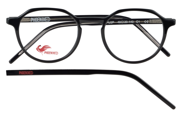 Black round eyeglasses with translucent temples; 'PHOENIXED' branding on the arms and a red phoenix logo on the left lens.