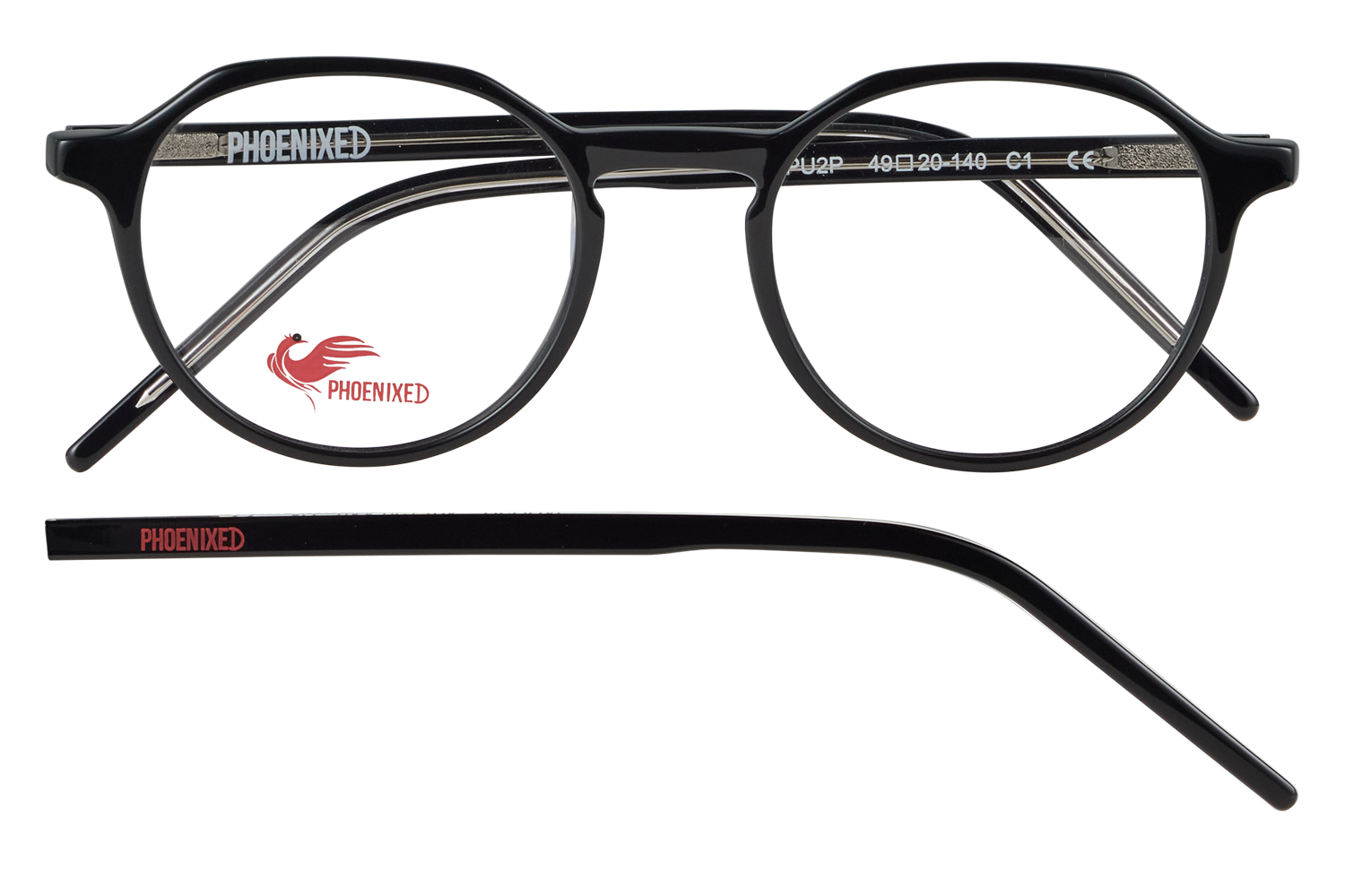 Black round eyeglasses with translucent temples; 'PHOENIXED' branding on the arms and a red phoenix logo on the left lens.