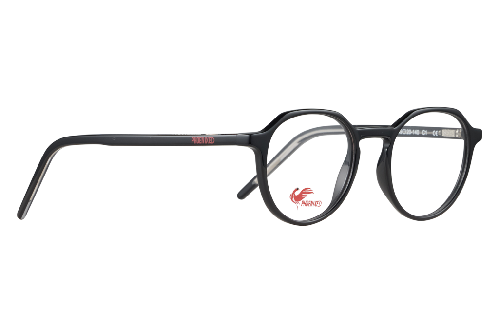 Black round-frame glasses with a red Phoenixed logo on the left lens, placed on a gray background