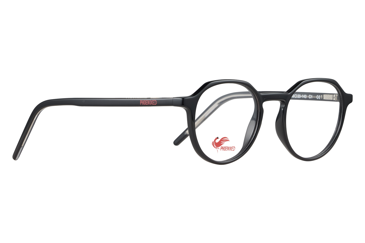 Black round-frame glasses with a red Phoenixed logo on the left lens, placed on a gray background