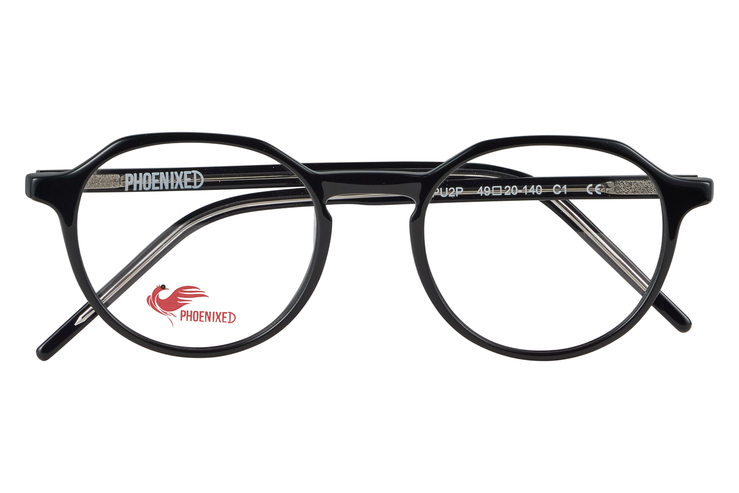 Black round eyeglasses with a glossy frame resting on a clear glass block; Phoenixed logo visible on the left lens and branding along the temple.