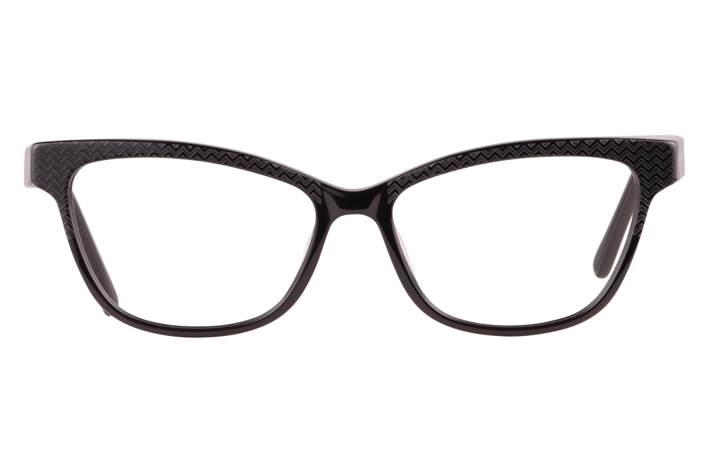 Black plastic eyeglasses with chevron-patterned arms and rectangular lenses.