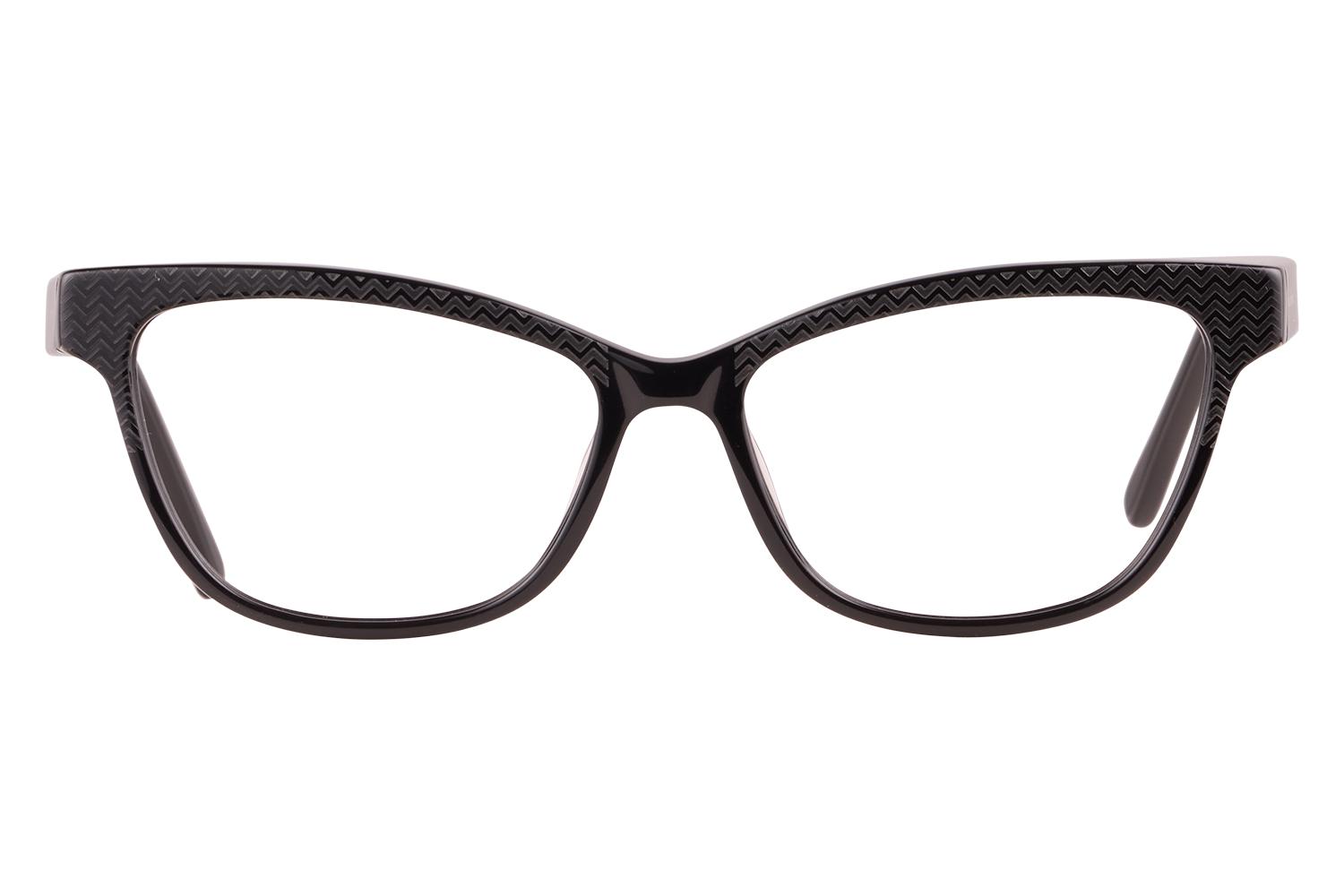 Black plastic eyeglasses with chevron-patterned arms and rectangular lenses.