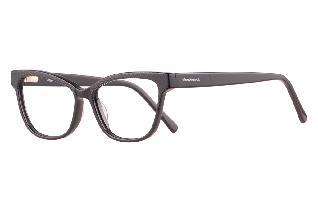 Black plastic eyeglasses with textured temples, shown in side view on a light surface