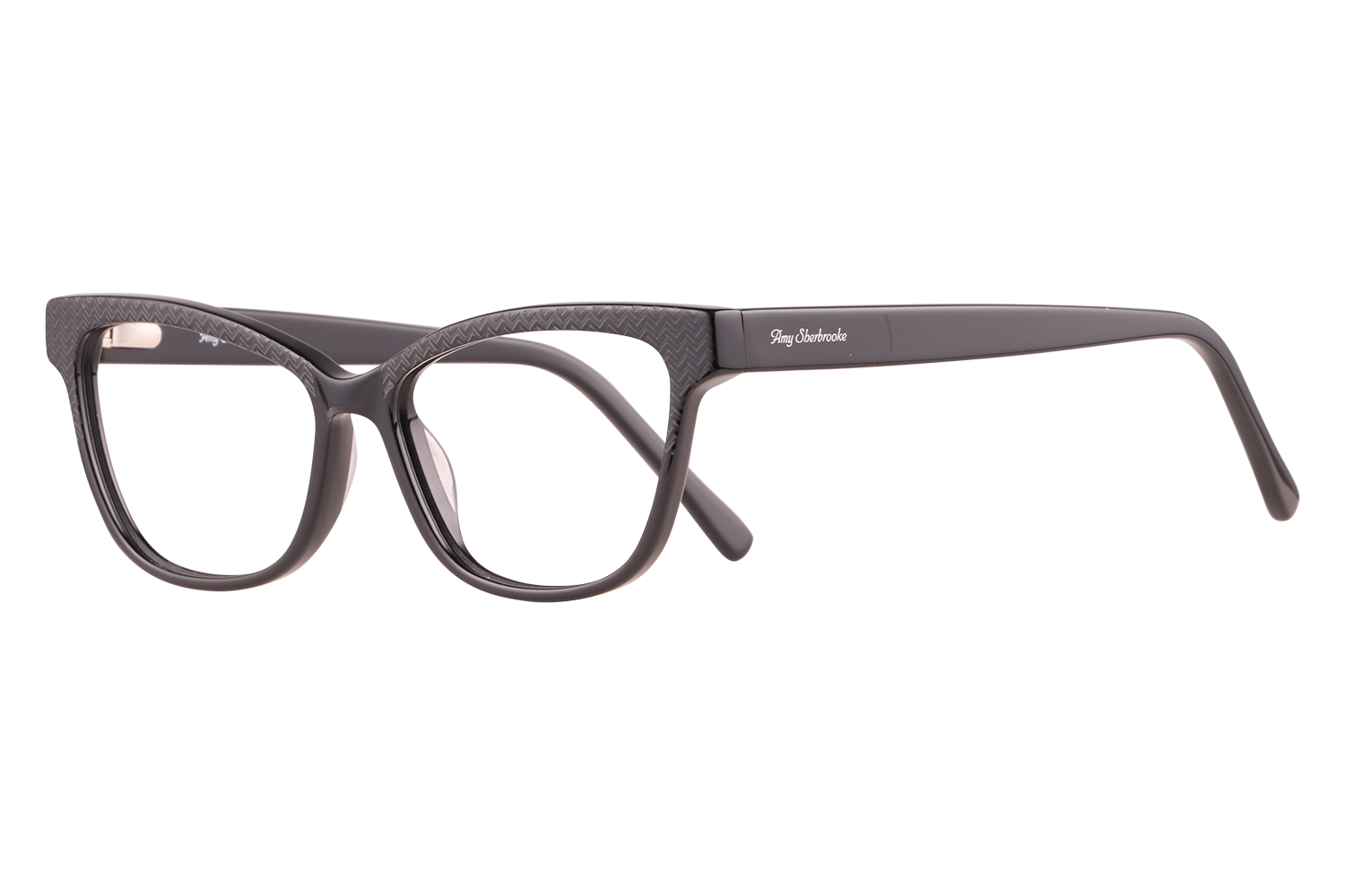 Black plastic eyeglasses with textured temples, shown in side view on a light surface