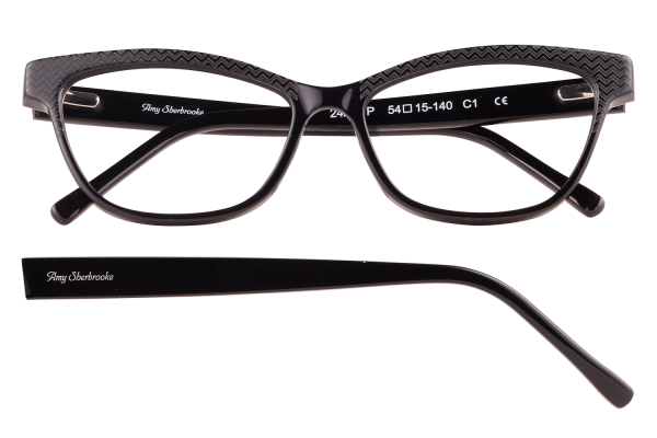 Black plastic eyeglasses with a textured zigzag pattern on the frame and Amy Sherbrooke branding on the armanel