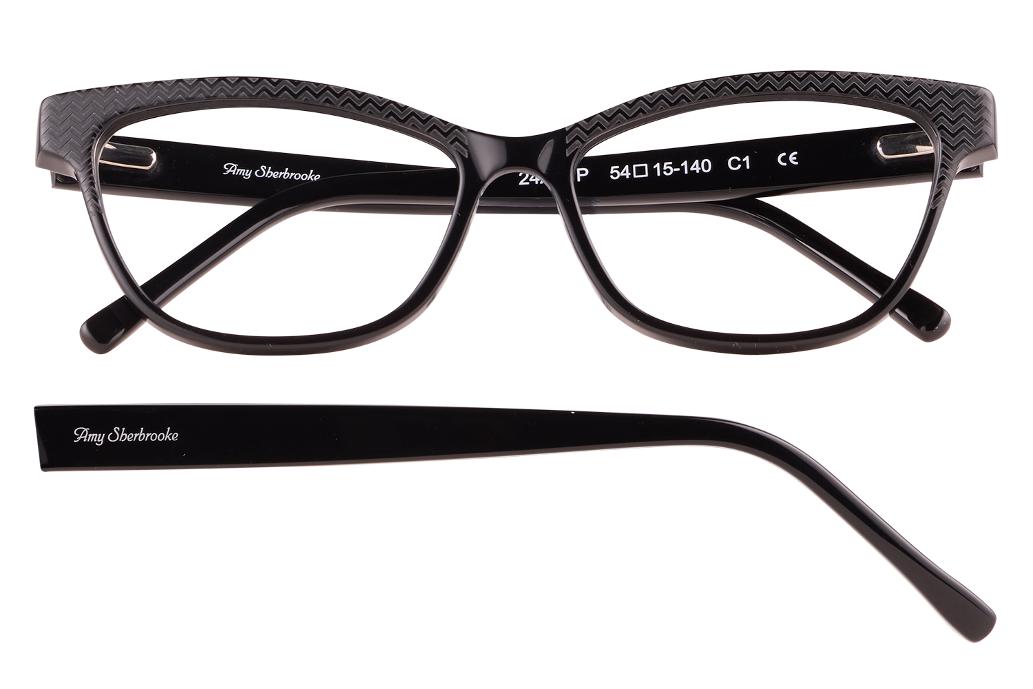 Black plastic eyeglasses with a textured zigzag pattern on the frame and Amy Sherbrooke branding on the armanel