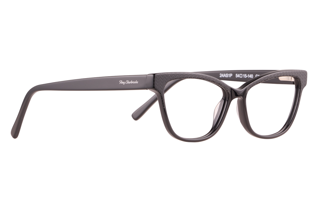 Black rectangular eyeglasses with a textured frame and a small 'Amy Oberbrooke' logo on the temple, shown in side view on a light background.
