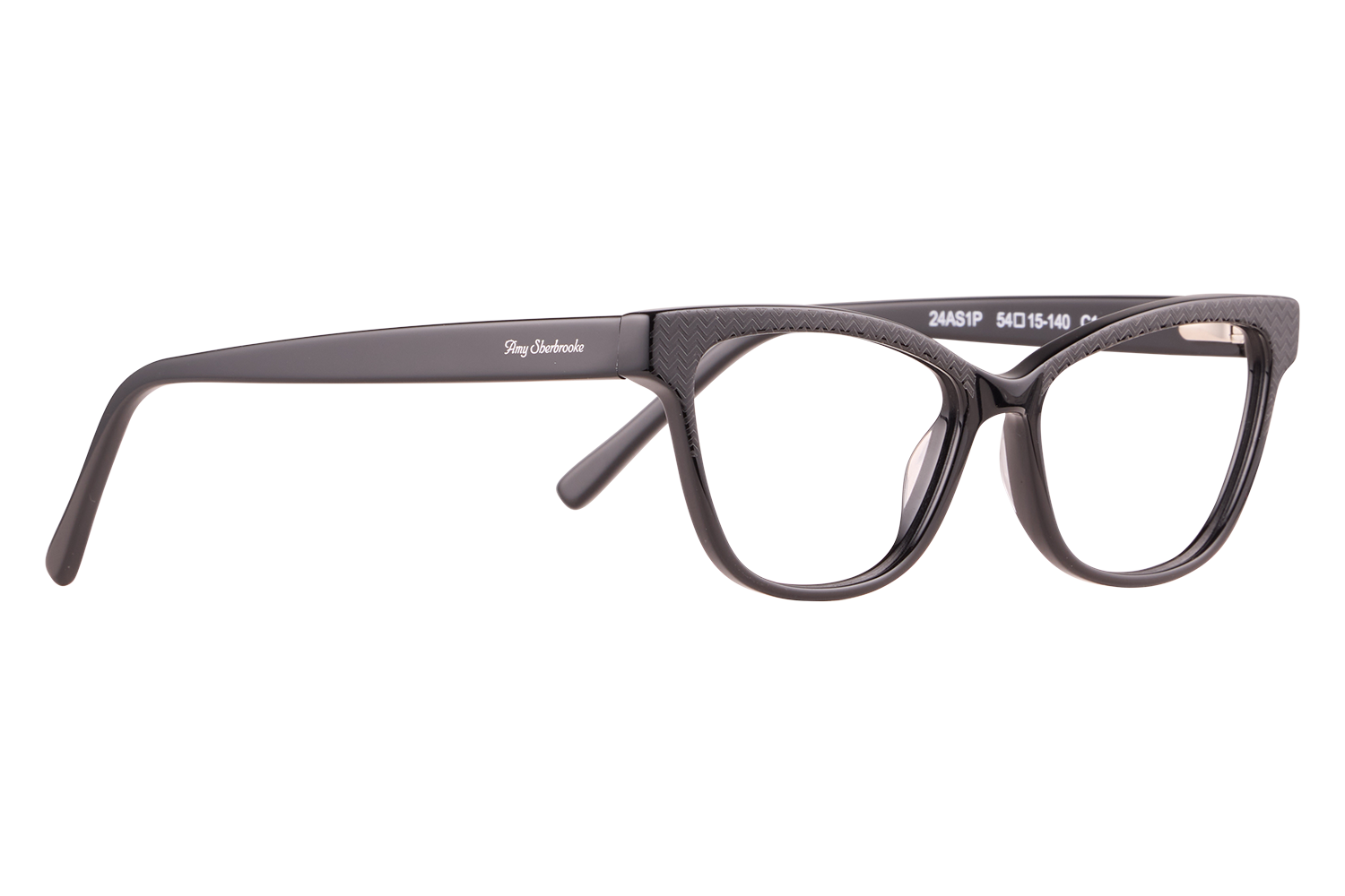 Black rectangular eyeglasses with a textured frame and a small 'Amy Oberbrooke' logo on the temple, shown in side view on a light background.