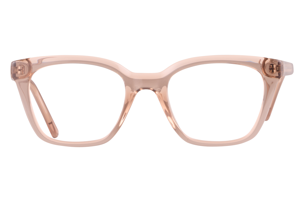 Rose translucent glasses with full-rim square frames, transparent pink plastic eyewear.