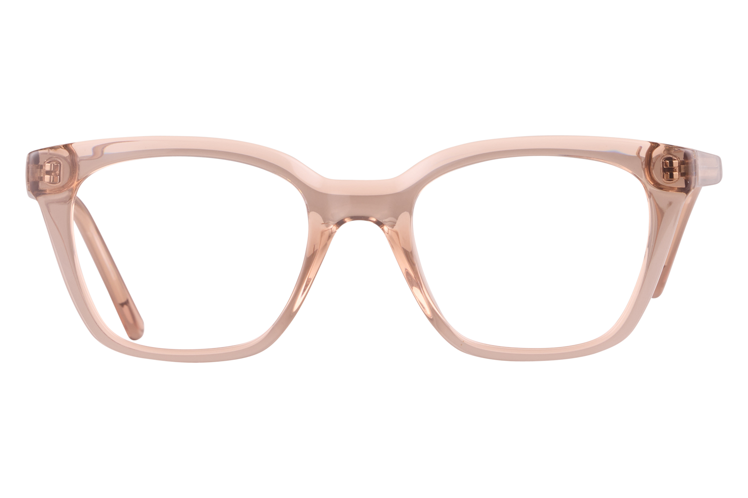 Rose translucent glasses with full-rim square frames, transparent pink plastic eyewear.