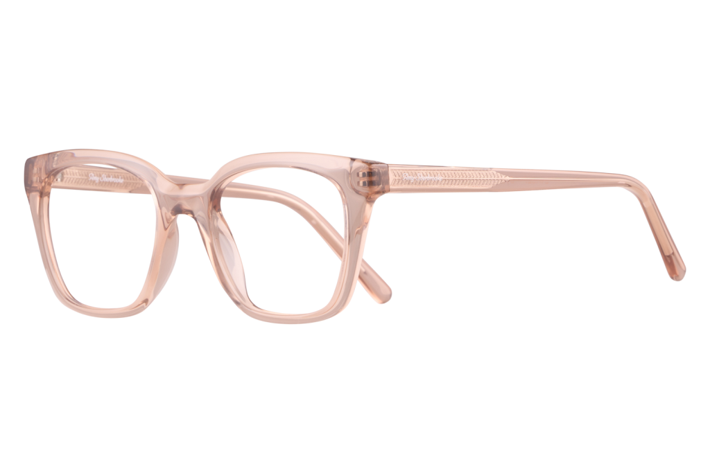 Pink translucent rectangular eyeglasses with clear frames and matching temples, product photo showcasing the eyewear style in full side view.