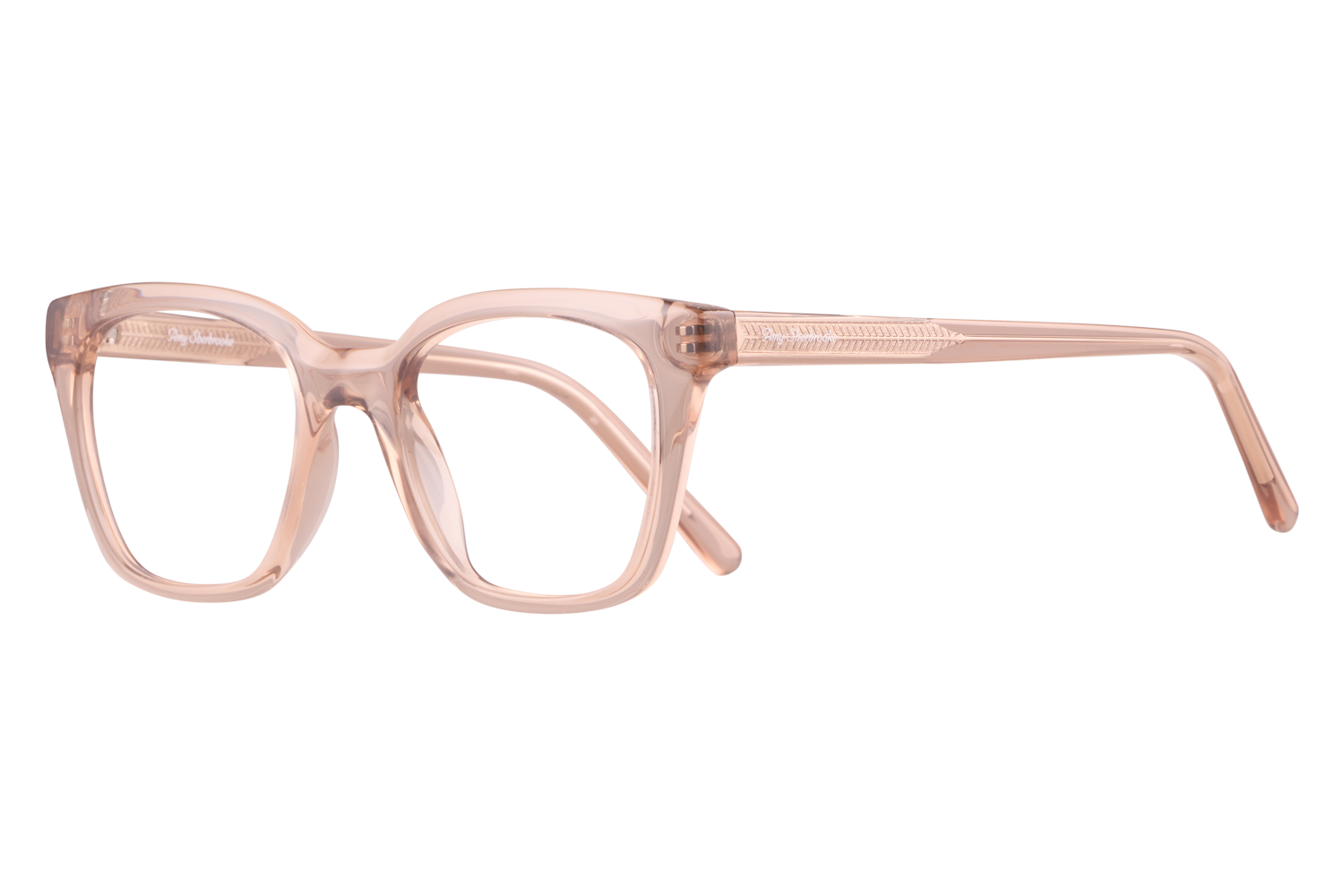 Pink translucent rectangular eyeglasses with clear frames and matching temples, product photo showcasing the eyewear style in full side view.