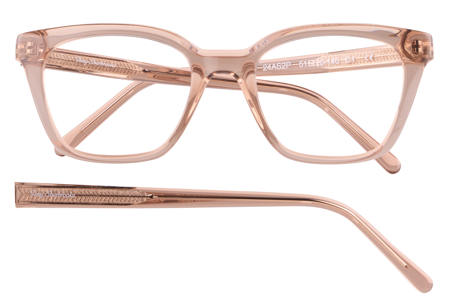 Pink transparent eyeglasses with thick rectangular frames and textured temples, brand name visible on the arm.