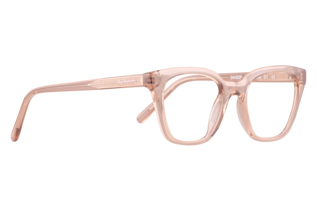 Pink transparent eyeglasses with rectangular frames shown in profile view, from the left side edge towards the front.