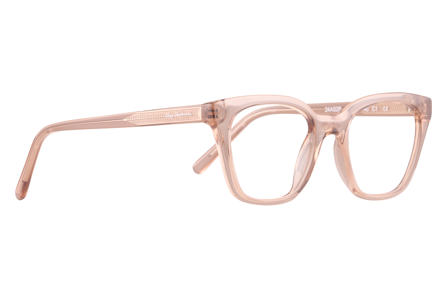 Pink transparent eyeglasses with rectangular frames shown in profile view, from the left side edge towards the front.