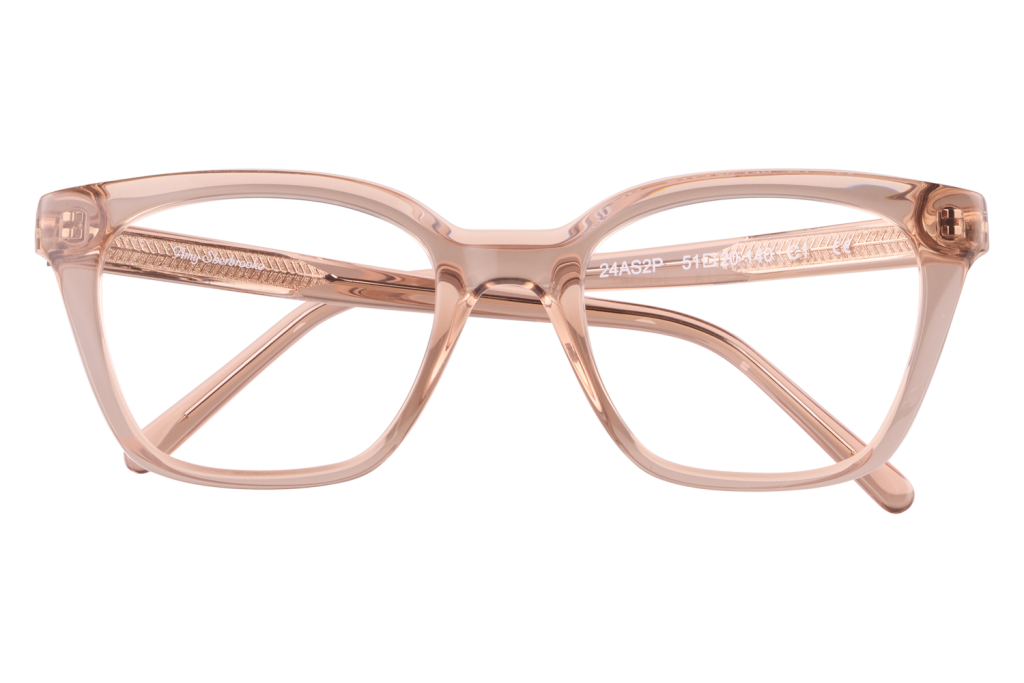 Pink translucent eyeglass frames in a rectangular shape, viewed head-on with temples visible