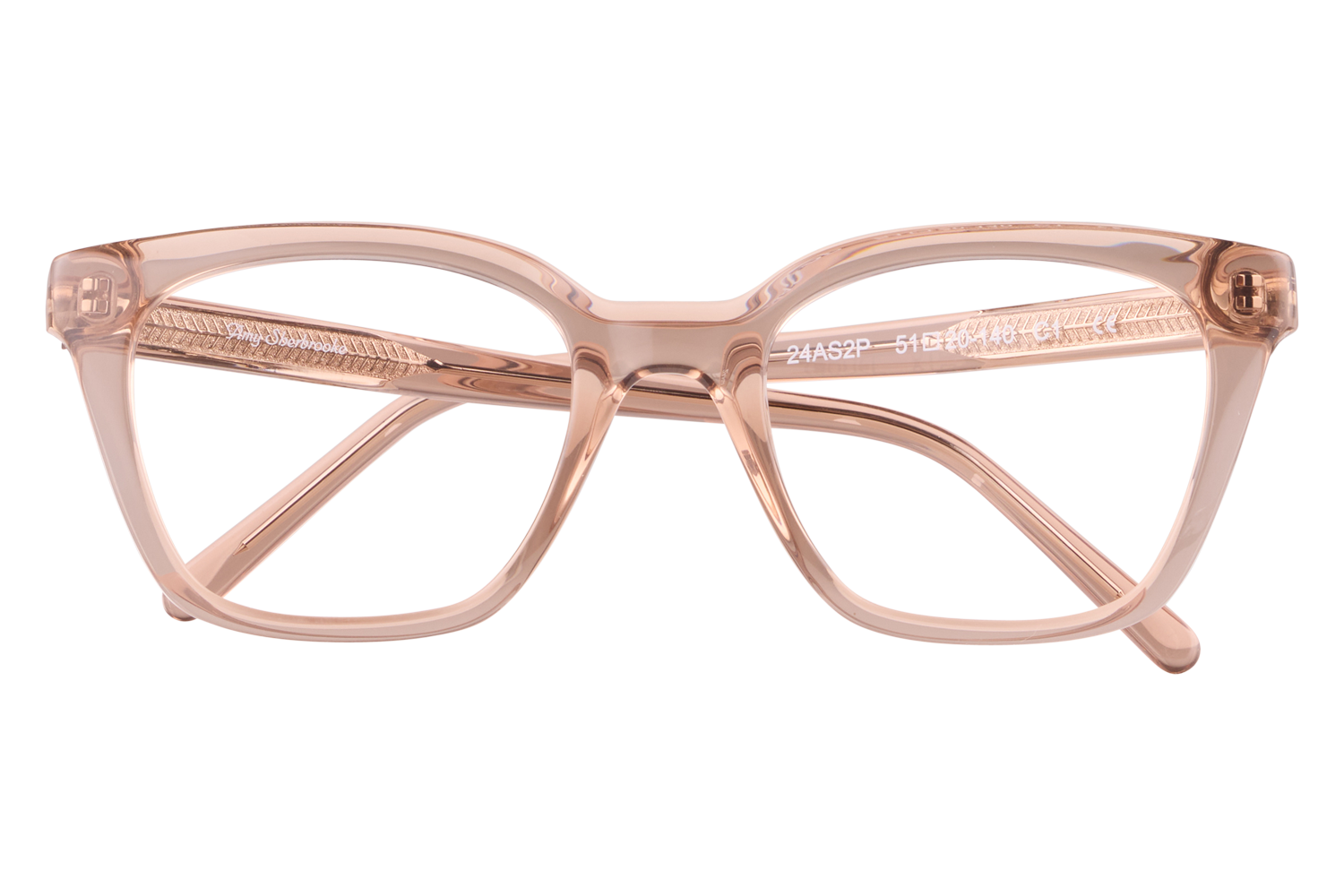 Pink translucent eyeglass frames in a rectangular shape, viewed head-on with temples visible