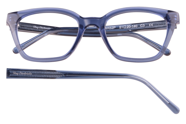Blue plastic eyeglasses frame with transparent lenses and 'Amy Sherbrooke' branding on the temple.