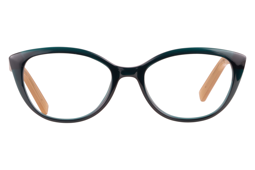 Dark, rounded eyeglasses with a glossy black frame and tan temples, shown from front.