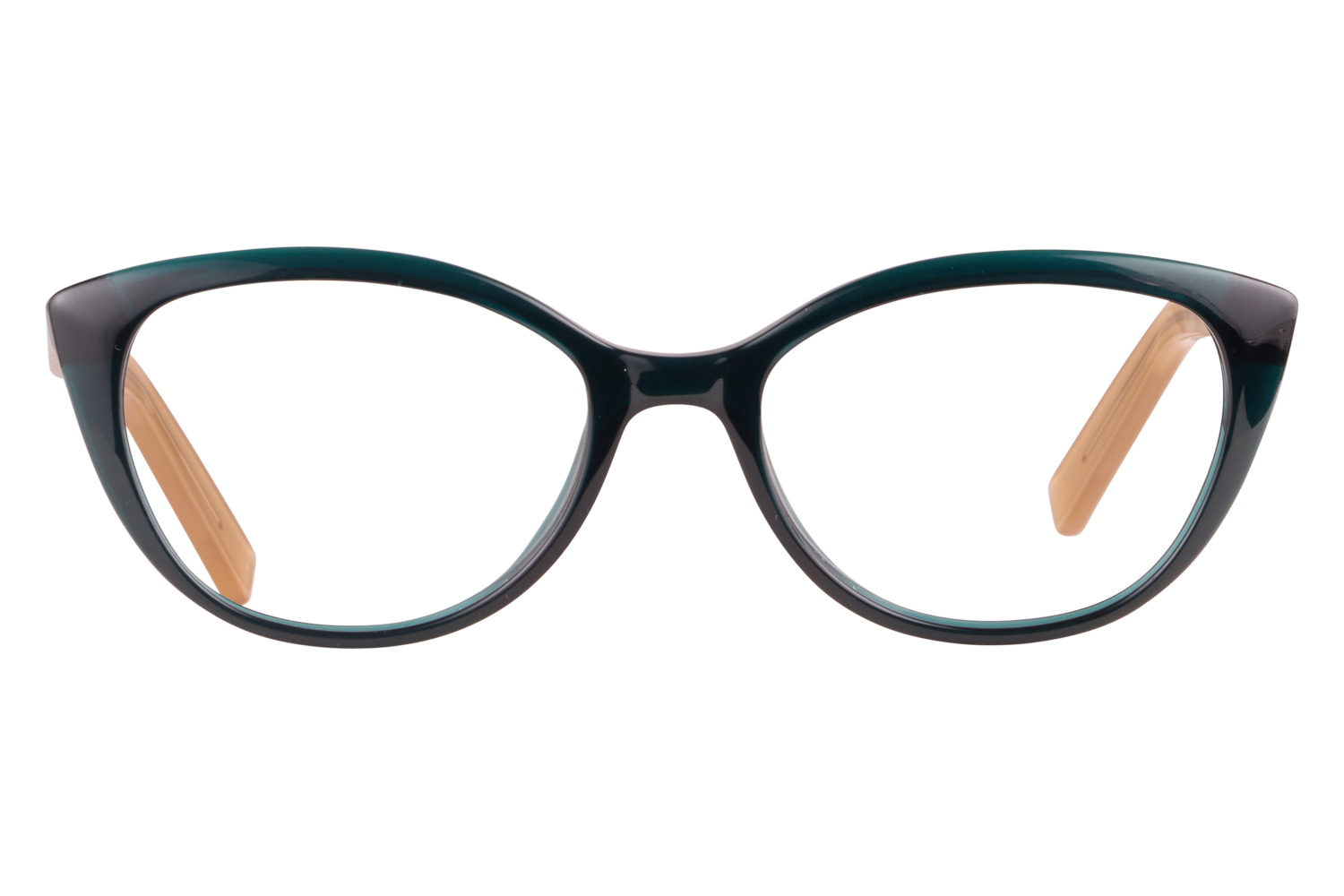 Dark, rounded eyeglasses with a glossy black frame and tan temples, shown from front.