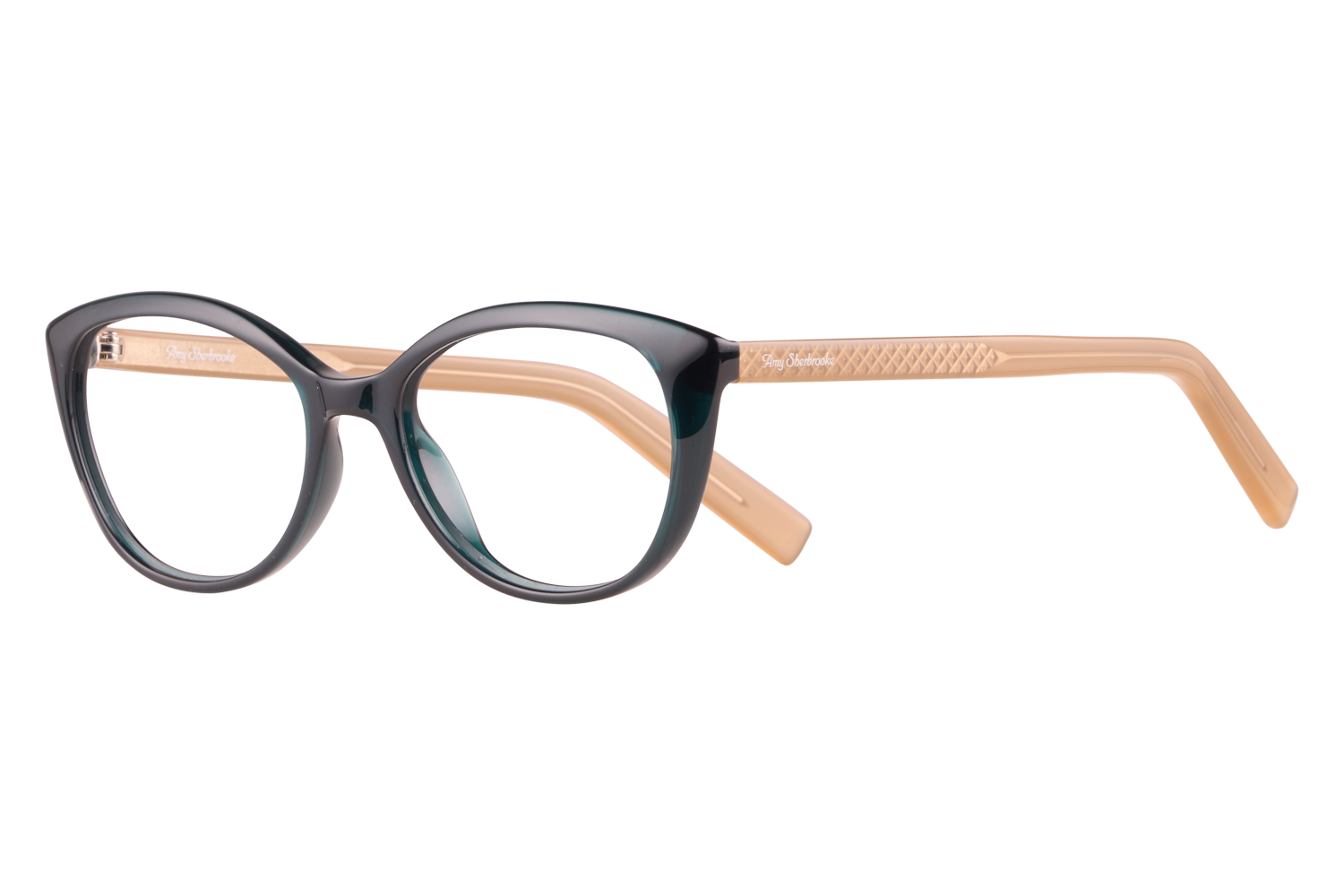 Two-tone cat-eye eyeglasses with dark front frames and light tan temples, shown from a side profile.